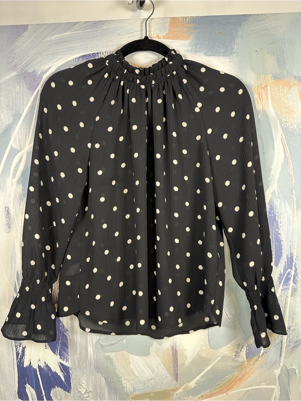 LOFT Petite Polka Dot Blouse Black Ivory High Neck Shirred Ruffle Cuff XS P